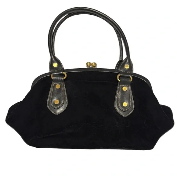 Franco Sarto Black Crushed Velvet Like Handbag Whimsy-Goth Vintage Kiss Lock - Picture 1 of 16